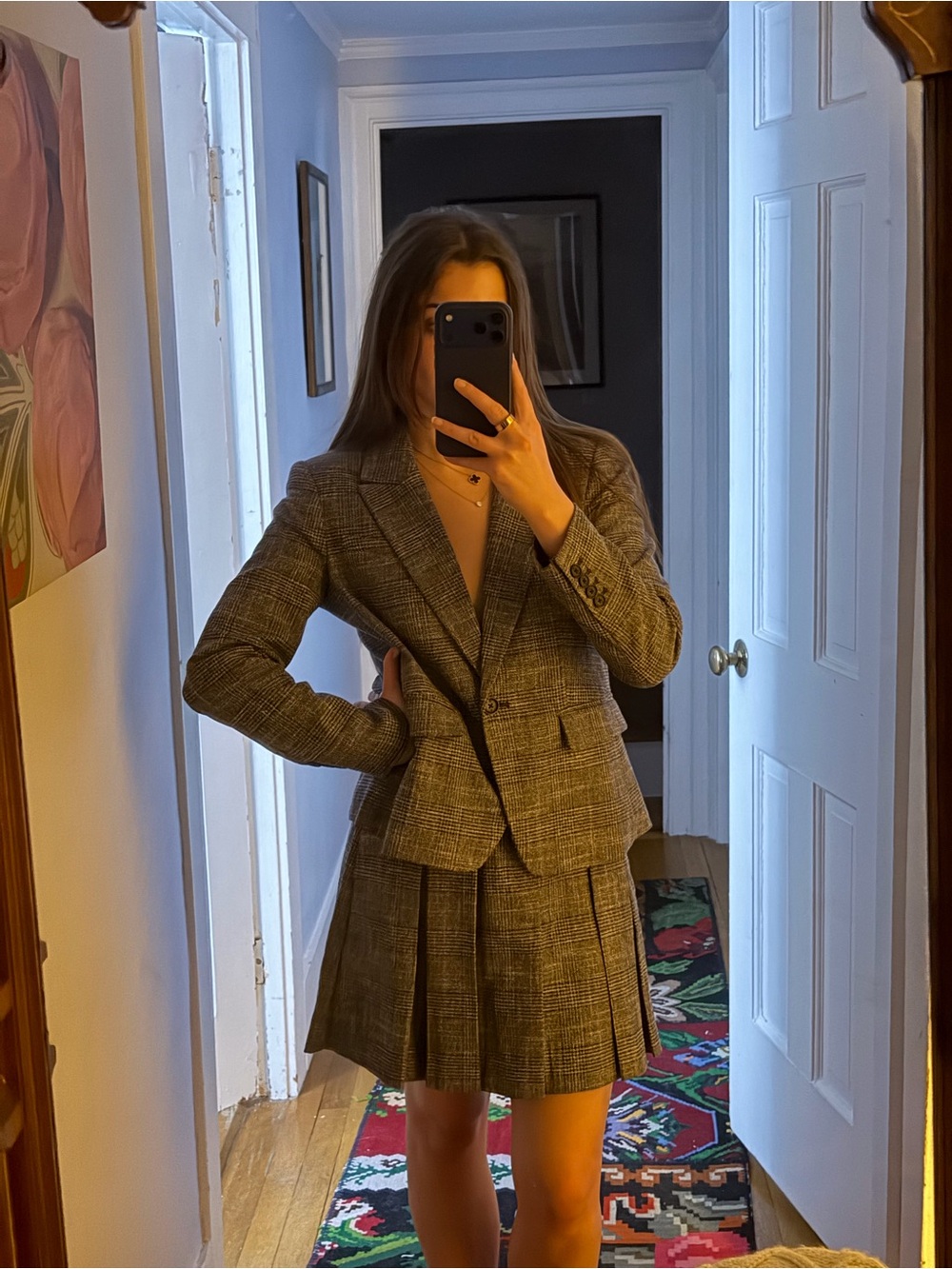 Banana Republic Blue/Grey Plaid Blazer and Pleated Skirt Set